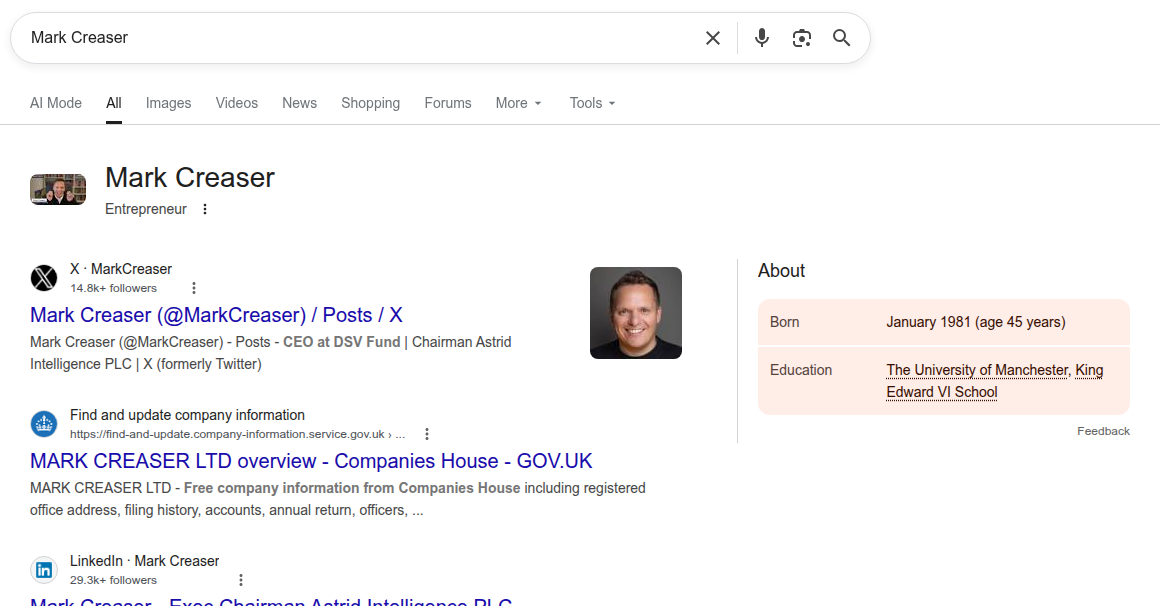 Google results for Mark Creaser on 14 August 2026, knowledge panel present