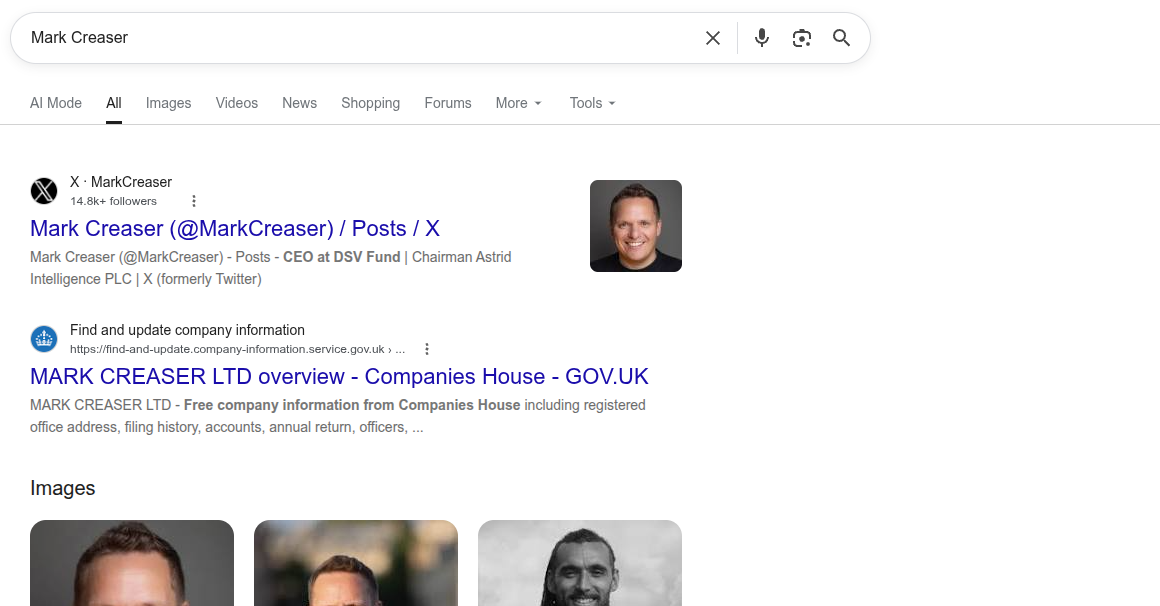 Google results for Mark Creaser on 13 August 2026, no knowledge panel